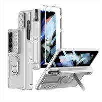 „Samsung Galaxy Z Fold 3 5G Armor Case“ Magnetinis vyrių slankiojantis objektyvo dangtelis su žiedu ir rašiklio laikiklio atrama, skirta „Z Fold3“ dėklams case only (no pen) sidabras
