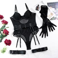 TERMEZY moteriškas seksualus korsetas Elastity Temptation Body Bustier apatiniai Push Up ploni keliaraištis diržai su pirštinėmis 3 dalių apatinio trikotažo komplektas L bordinė