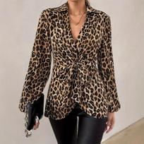 YYFS Women's Fashion Casual Spring Autumn Leopard Print Long Sleeve POLO Neck Blouses & Shirts XL brown