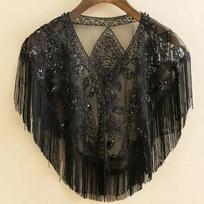 Moteriška XX a. XX a. blizgučiais puošta skara su kutais karoliukais papuoštais perlų kutais permatomo tinklelio apvyniojimai Gatsby Flapper Bolero Cape Up juoda