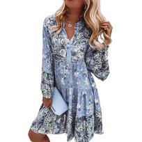 Elegantiška moteriška suknelė paplūdimio vakarėliui Moteriškos kasdienės gėlėto rašto suknelės Pavasaris Vasara Boho V formos iškirptė Laisva A silueto suknelė XXL mėlyna