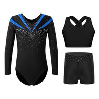 Merginų gimnastikos komplektas 3 dalys: ilgomis rankovėmis V formos iškirptės triko, kryžiuojama nugara liemenė ir cirkonio šortai šokių treniruotėms 11-12 Years mėlyna