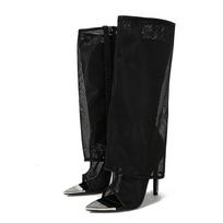 Madingi Seksualūs Metaliniai Smailūs Juodi Tinklelio Ilgi Auliniai Batai Sandalai Moterims Užtrauktuku Madingi Cirkonio Aukštakulniai Batai Moteriški Botas Mujer 35 juoda