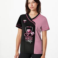 2025 Women's Summer Clothes Stylish Barber Uniform - Black V-Neck T-Shirt with Scissors Comb Print Perfect for Hairdressers S