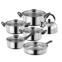 12 dalių nerūdijančio plieno indų rinkinys su medžio imitacijos rankenomis: Įeina Virdulys, Sriubos Puodas ir Keptuvė handle frying pan original color juoda
