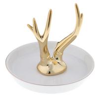 Keraminis žiedo laikiklis indų papuošalų organizatorius padėklas Baltas vienaragis White Dish Gold Elk
