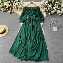 Retro maxi suknelė su įtemptu kaklu, ilgomis žibintuvinėmis rankovėmis, nėriniais, užtrauktuku, tvirta moteriška elegantiška senjorė senovinė suknelė One Size žalia