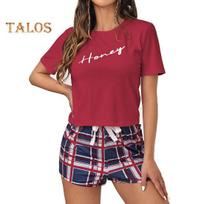 2 vnt./rinkinys Moteriškas vasaros pižamos komplektas O formos iškirptė Raidžių spaudinys Trumpomis rankovėmis T-shirt Raištelis Elastingas juosmuo Languotas raštas Namų drabužiai Dviejų dalių komplektas Pižama S raudona