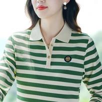 Cotton Fashion Casual Striped Slimming Top New Versatile POLO Temperament Lapel Thin Long Sleeved L rožinė