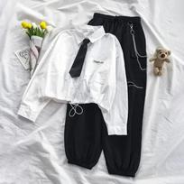 Uniformos komplektai Moteriški korėjiečių versijos marškinėliai ilgomis rankovėmis Studentų Preppy Style Dviejų dalių komplektas Moteriški kombinezonai L juoda
