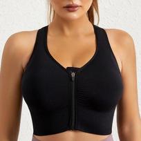 Moteriška priekinė sportinė liemenėlė su užtrauktuku Push Up Crop Top Moteriška treniruotė Sporto salė Viršutinė bėgimo jogos liemenėlė Atletiška sportinė apranga M juoda