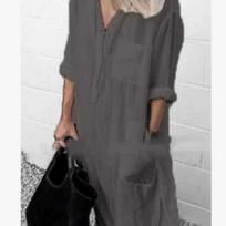 Cross-border 2025 Summer and Autumn Elegant Solid Color Slit Dress Simple Nail Button Long Shirt Dress S pilka
