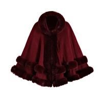 Elegantiška dirbtinio kailio apdaila Cape skara iš sintetinio pluošto šiltas pončas su gobtuvu, siūtas plius dydis moterims, žiemos mada One Size vyno raudonos spalvos