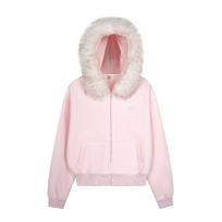 2KWEIRD Y2K Užtraukiamas gobtuvas Dirbtinio kailio apykaklė Harajuku Laisvas paltas Streetwear Užtraukiamas gobtuvas Megztinis S rožinė