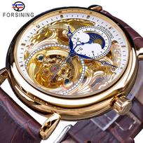 Forsining prabangus balto aukso ekranas rudas odinis Moonphase mados mėlynas rankos skeletas vandeniui atsparus vyriškas automatinis mechaninis laikrodis