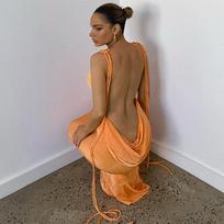 Moteriška apranga Seksuali klubinė vakarėlio suknelė su spagečių dirželiu Elegantiška drapiruota maxi suknelė S oranžinė