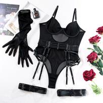 CINOON Sexy Women Korsetas Elasticity Temptation Bodysuit Nėrinių tinklinis apatinis trikotažas, liekninantis, kvėpuojantis su pirštine, 3 dalių apatinis trikotažas S juoda