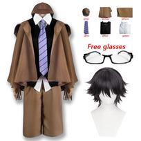 „Edogawa Rampo Cosplay Bungo Stray Dogs“ „Edogawa Rampo Cosplay“ kostiumas, uniformuotas kepurė, akiniai, kostiumas, Helovino kostiumai vyrams L-(Costume+Wig)