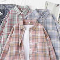 Plaid Shirt Women's Long-sleeved Spring New Style Literary Design Niche Couple Loose Coat Shirt S rožinė
