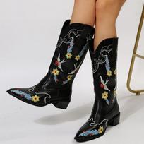 Moteriški kaubojiški batai su plačiu blauzdų Cowgirl batai smailia nosimi stambūs kulnai, išsiuvinėti vakariniai batai iki vidurio blauzdos, skirti moterims, avimi žemakulniai bateliai 35 juoda