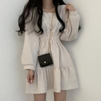 Slimming Pleated High Waist Vintage Short Girl Street Snap Dress Square Collar Korean Style Loose Fit Teenage Summer Dress M abrikosas