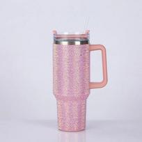 40oz Cirkonio Termosas Nerūdijančio Plieno Šiaudelis Moterų Puodelis Blizgantis Deimantas Kelioninis Automobilinis Termosas Kavos Puodelis Vandens Butelis Gėrimų Indai 40oz rožinė