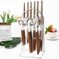24 vnt. natūralaus bambuko rankenos stalo įrankių rinkinys iš nerūdijančio plieno Šeimos indai stalo reikmenys su 1 vnt sidabro reikmenų laikikliu B-wooden handle-silver