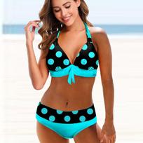 Moteriškas „Halter Bikini Tankini“ maudymosi kostiumėlis „Blue Dots“ ir „White Squares“ maudymosi kostiumėlis S mėlyna