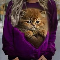 Viršutiniai moteriški 3D Mieli Angry Cat spausdinti marškinėliai su apvaliu kaklu ilgomis rankovėmis, rudens atsitiktinis, plonas megztinis, moteriškas ilgomis rankovėmis 8XL violetinė