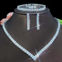 European and American Full Diamond Collarbone Chain Female Korean Version Simple Temperament Thin Versatile Zircon Necklace Earrings Wedding Set 45cm