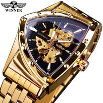 Nugalėtojas „Steampunk Swiss Design“ vyriškas dvipusis skeletas, skaidrus auksinis nerūdijančio plieno vyriškas automatinis mechaninis vyriškas laikrodis