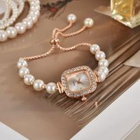 Fashion Pearl Strap Diamond Square Ladies Watch Free Adjustment Bracelet Watch Women's Gift Quartz Watch