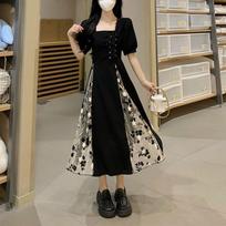 Fashion Broken Flowers Spliced Midi Dress Summer French Style Elegant Square Collar Female Clothing Vintage Chic Bandage Dresses L juoda