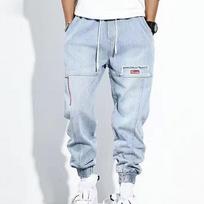 Korėjietiška versija The Workwear Jeans Trend Šviesios spalvos hiphopo laisvi raišteliai jaunimui mažos pėdos Harlan kelnės vyriškos didelio dydžio XS mėlyna