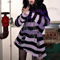 Naujas Rudens Punk Goth Ilgas Unisex Megztinis Moterims Dryžuotas Kietas Tuščiaviduris Su Skylėmis Suplėšytas Džemperis Laisvas Roko Plonas Tamsus Gatvės Drabužis Viršus violetinė