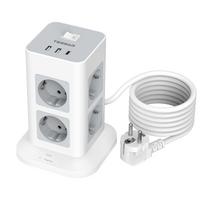 TESSAN Black Tower maitinimo juostos vertikalios perkrovos apsauga su 6/8 kintamosios srovės lizdų 3/4 USB prievadų 2M ilgintuvas (2500W / 10A) namams, biurui 8 Outlets 1Type-C 2 USB A pilka spalva
