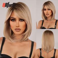 Vidutinio ilgio sluoksniuotų plaukų perukai Šviesūs Golden Ombre sintetinis perukas su kutais moterims Cosplay Color Wigs karščiui atsparūs plaukai