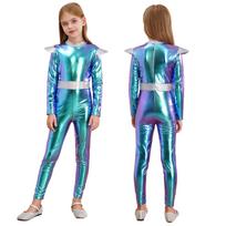 Vaikų ateivių, kosmoso ateities roboto, cosplay kostiumas, blizgus metalinis viso ilgio Zentai kombinezonai Astronaut Tech tema vakarėlio apranga 5-6 Years mėlyna