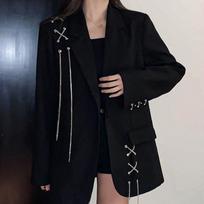 Harajuku Moteriški Švarkai Juodi Gotikiniai Punk Hip Hop Vienspalviai Vintažiniai Švarkai Paltai Prašmatnūs Grandinėlės Laisvi Švarkai Streetwear XS juoda