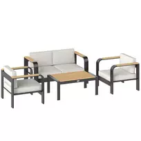 Aliuminio lauko baldų komplektas 4 žmonėms, atsparus vandeniui, itin gilios, su 2 vietų sofa, 2 foteliais ir staliuku