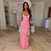 Spring/Summer Sexy Halter Suspender V-Neck Shoulder Slim Side Slit Dress Long Dress S geltona