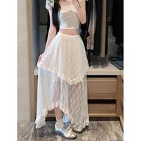 White Lace Asymmetrical Skirt Women Fairycore Sweet Vintage Mid Irregular Skirt Korean Style Aesthetic Ruffle Skirts S juoda