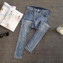 Skinny Jeans Woman Deimantais siuvinėtos skylutės pieštuko kelnės Mėlynos džinsinės apkarpytos kelnės Moteriški džinsai XS šviesiai mėlyna spalva