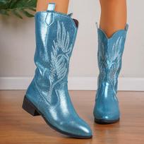 Moteriški kaubojiški batai, neslystantys blauzdos viduriu Cowgirl batai išsiuvinėti vakariniu smailiu pirštu, stambūs blokiniai kulno batai Moteriški platūs aulinukai. 36 šviesiai mėlyna spalva