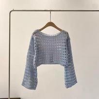 Ilgi Rankogaliai Nertas Paplūdimio Bikinio Sluoksnis Trumpas Megztas Puloveris Vilnoniai Megztiniai Marškiniai Moterims Atostogų Boho Apranga One Size mėlyna