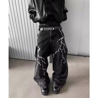 Unisex Retro Žaibo Siuvinėti Džinsai - High Street Hip Hop Laisvo Kirpimo S juoda