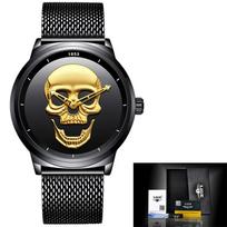 Puikus Punk 3D Skull vyriškas laikrodis LIGE prabangus plieno kvarcinis vyriškas laikrodis vandeniui atsparus retro stiliaus auksinis juodas laikrodis „Relogio“ auksas/juoda