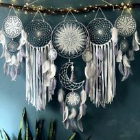 5 didelių sapnų gaudyklių komplektas miegamajam, suaugusiųjų boho stiliaus sapnų gaudyklės, sienų dekoras, pakabinamas ornamentas paauglių bendrabučio kambario dekorui, festivalio dovana pilka