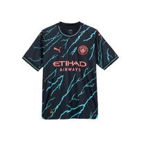 PUMA Manchester City FC Trečias replikos marškinėlis 2023/24 sezonui Žaibo raštas Apvali apykaklė Trumpomis rankovėmis Futbolo marškinėlis Vyriški viršutiniai drabužiai Tamsiai mėlynas 770460-03 XS