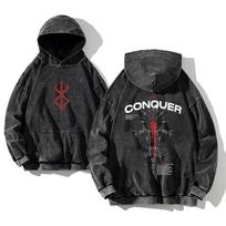2025 Manga Berserk Grafinis Džemperis Su Gobtuvu Vintažinis Skalbtas Oversized Streetwear Grynos Medvilnės Ilgomis Rankovėmis Džemperiai Vyrams Moterims Drabužiai S juoda